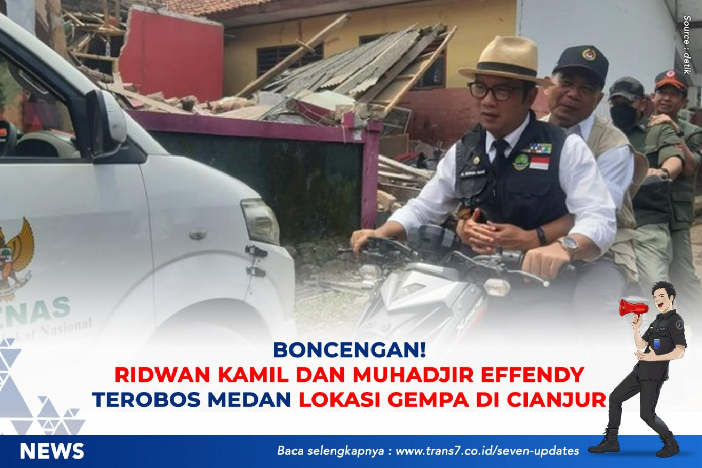 Boncengan. Ridwan Kamil Dan Muhadjir Effendy Terobos Medan Lokasi Gempa Di Cianjur
